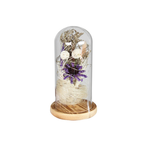 Καμπάνα γυάλινη Φ11,5Χ21 εκ. με ξύλινη βάση, φωτάκια και λουλούδι μωβ 7101-02