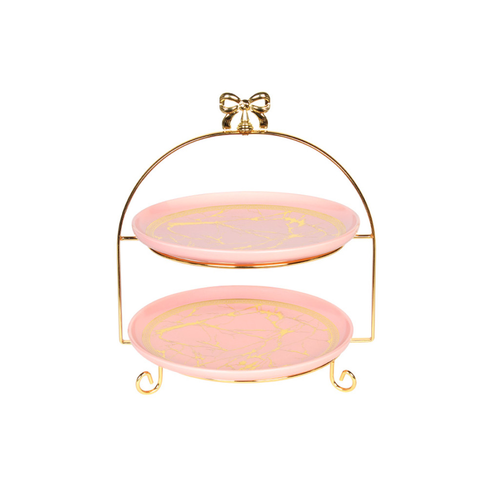 Πιατέλα κεραμική διώροφη ροζ χρυσή με μεταλλική χρυσή βάση  45575
