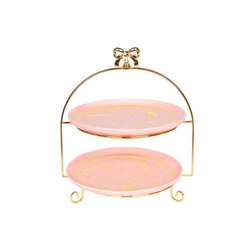 Πιατέλα κεραμική διώροφη ροζ χρυσή με μεταλλική χρυσή βάση  45575