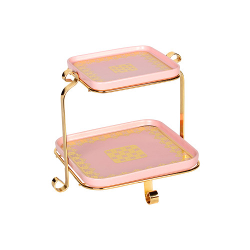 Πιατέλα κεραμική διώροφη ροζ χρυσή με μεταλλική χρυσή βάση  45578