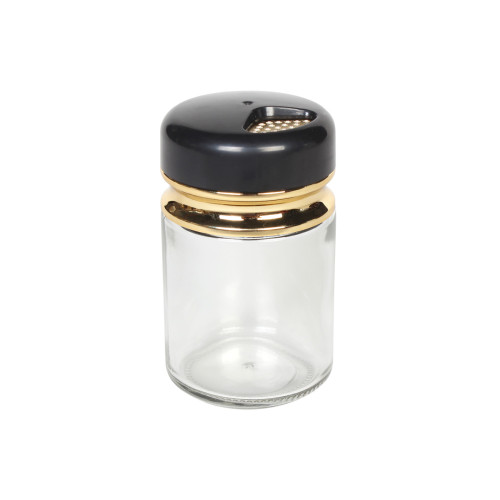 Αλατιέρα - θήκη μπαχαρικών γυάλινη Φ5,5Χ9,5 εκ. 120 ml με πλαστικό καπάκι μαύρο χρυσό  65152