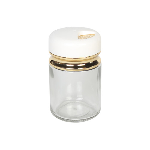 Αλατιέρα - θήκη μπαχαρικών γυάλινη Φ5,5Χ9,5 εκ. 120 ml με πλαστικό καπάκι λευκό χρυσό  65153