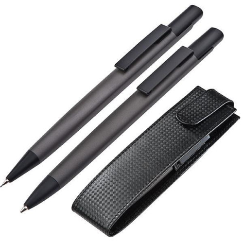 Σετ στυλό - μολύβι γκρι, σε πολυτελή υφασμάτινη carbon θήκη δώρου 16,7x4,5x2.5εκ.
